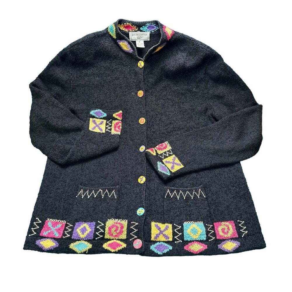 Vintage South Cotton Light Women Colorful Cardigan LG 90s Whimsical Art to Wear